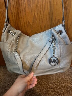 Michael Kors Light Gray Pebbled Leather Shoulder Hobo with MK Charm